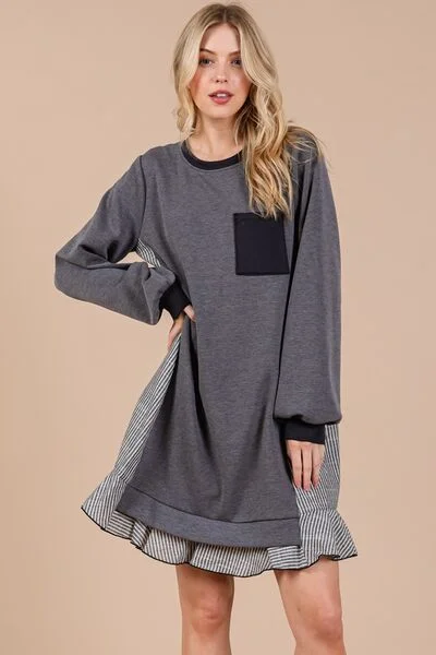 Striped Patchwork Round Neck Terry Sweatshirt Dress