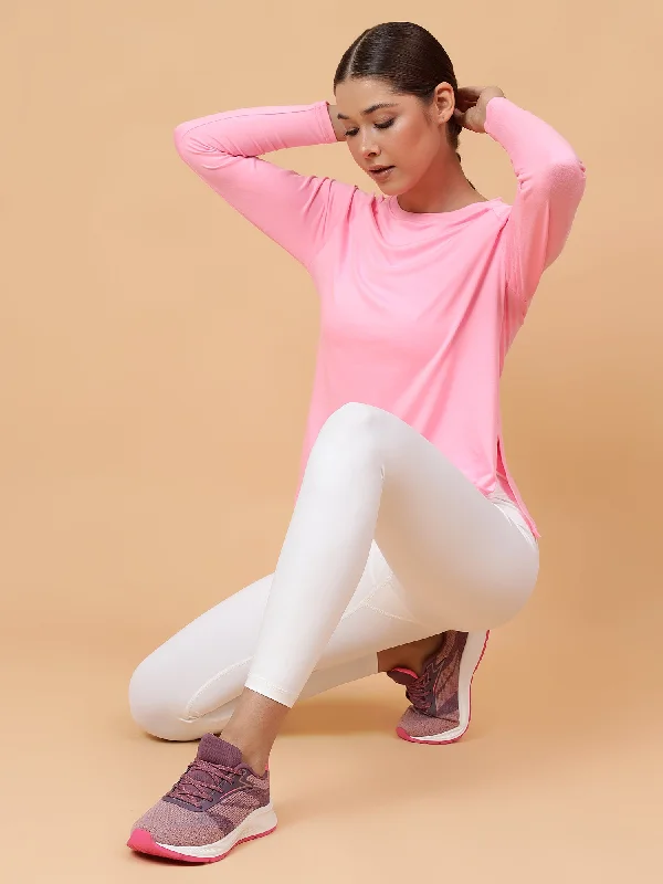 Fitkin Women Neon Pink Long-sleeved Side Slit Tshirt