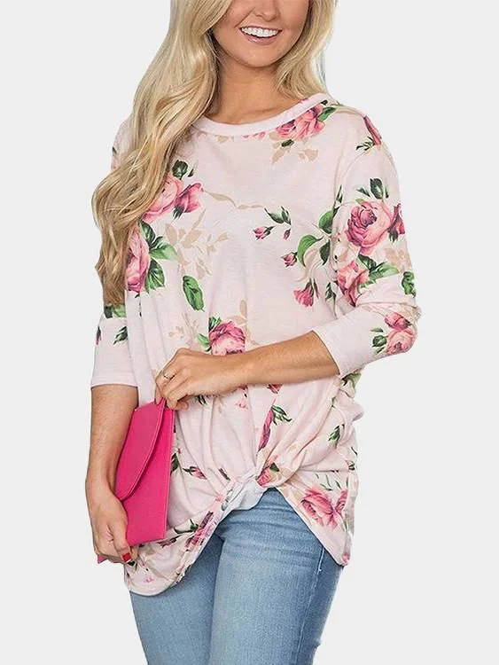 Custom Round Neck Floral Print Long Sleeve Irregular Hem T-Shirts