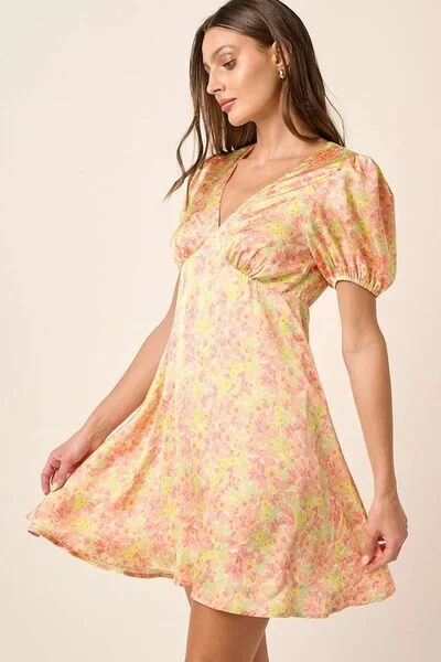 Printed V-Neck Puff Sleeve Mini Dress