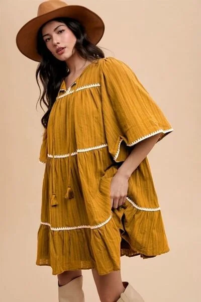 Tassel Contrast Trim Tie Neck Half Sleeve Tiered Dress