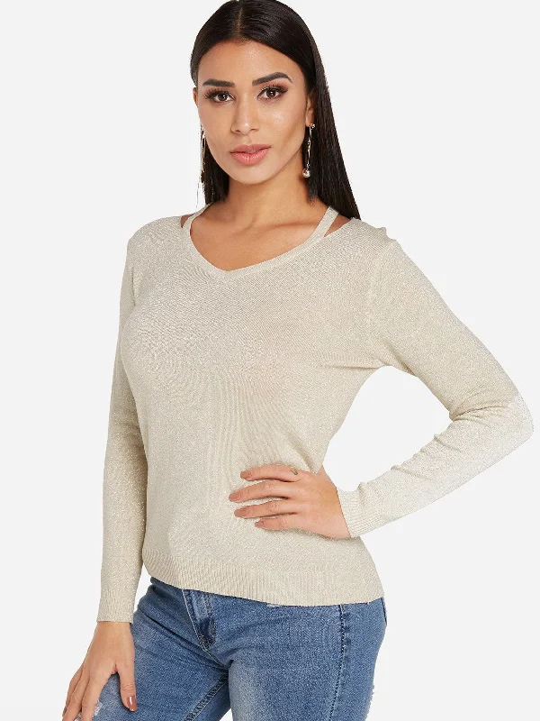 Custom V-Neck Plain Long Sleeve Khaki Top