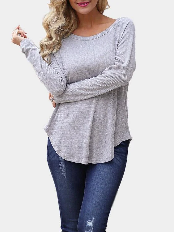 Custom Scoop Neck Backless Cut Out Long Sleeve Curved Hem Grey T-Shirts