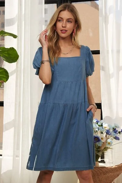 Square Neck Puff Sleeve Denim Dress