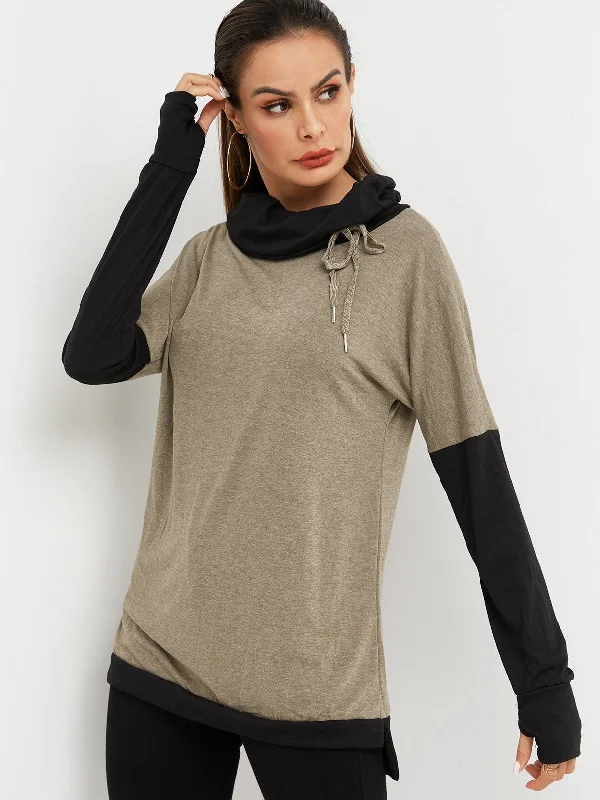 OEM ODM Chimney Collar Plain Long Sleeve Khaki T-Shirts