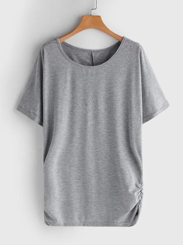 OEM ODM Round Neck Pleated Short Sleeve Grey T-Shirts