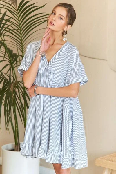 Ruffled Hem Striped V-Neck Babydoll Dress