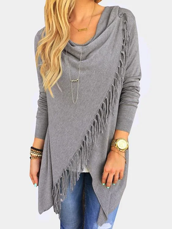 OEM ODM Round Neck Tassel Long Sleeve Tassel Hem Grey Top