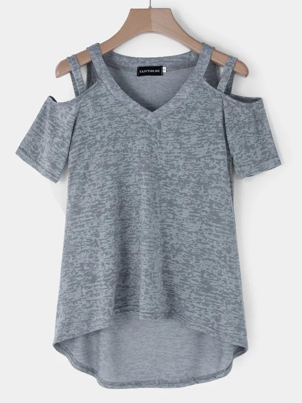 Custom V-Neck Cold Shoulder Cut Out Short Sleeve Grey T-Shirts