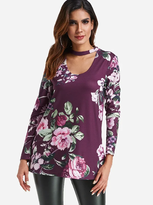 Custom Floral Print Cut Out Long Sleeve Top