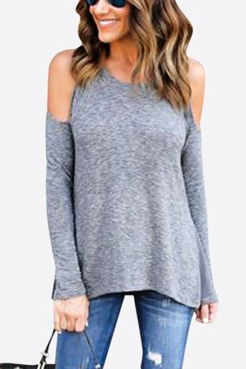 Custom Round Neck Cold Shoulder Long Sleeve Grey Tee