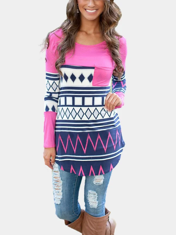 Wholesale Round Neck Stripe Geometrical Long Sleeve Curved Hem Top