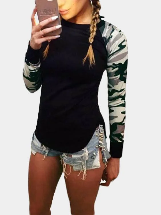 OEM ODM Round Neck Camouflage Long Sleeve Curved Hem T-Shirts