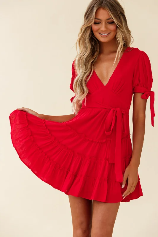 Jocelyn Short Sleeve Tied Cuff Layered Ruffle Dress Red