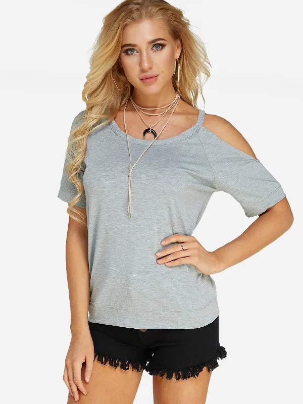 Wholesale Round Neck Plain Cut Out Short Sleeve Grey Top