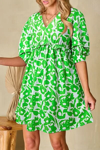 Printed Puff Half Sleeve V Neck Babydoll Dress