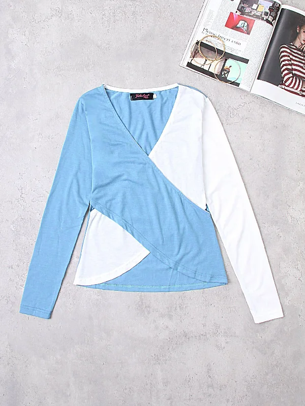 Custom V-Neck Crossed Front Long Sleeve Slit Hem T-Shirts