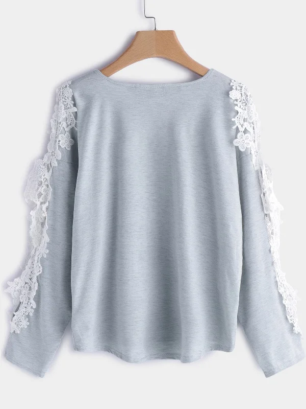 Custom Round Neck Plain Lace Cut Out Long Sleeve Grey T-Shirts