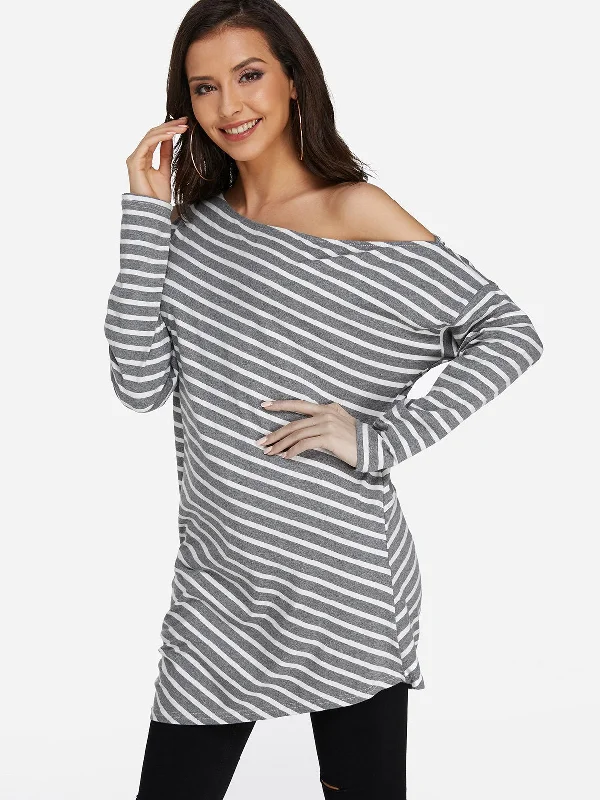 Wholesale One Shoulder Stripe Cut Out Long Sleeve T-Shirts