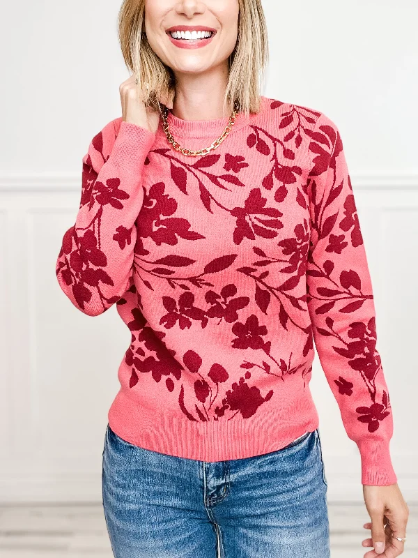 Flower Jacquard Crew Neck Long Sleeve Pullover Sweater