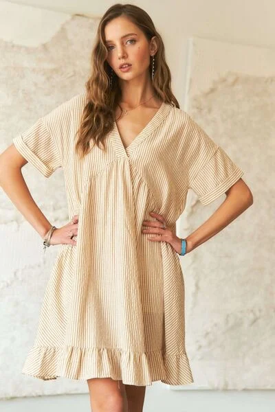 Ruffled Hem Striped V-Neck Babydoll Dress