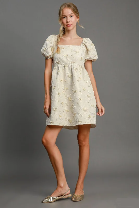 Heart Jacquard Square Neck Puff Sleeve Mini Dress