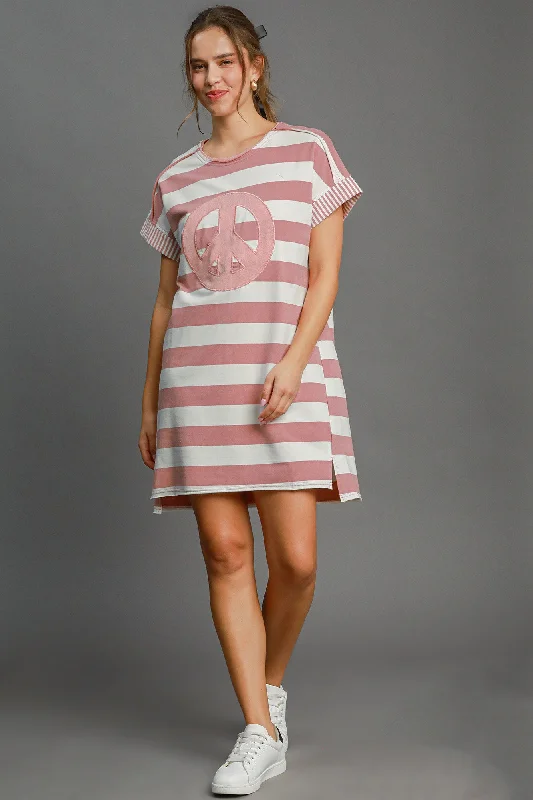 Peace Applique Striped Short Sleeve Mini Dress