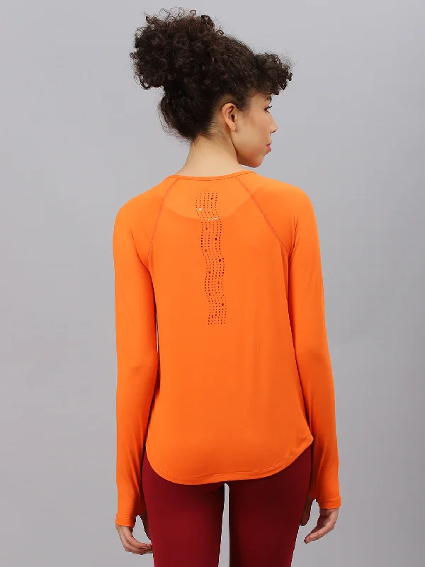 Fitkin women's orange round neck back laser cut design full sleeves t-shirt