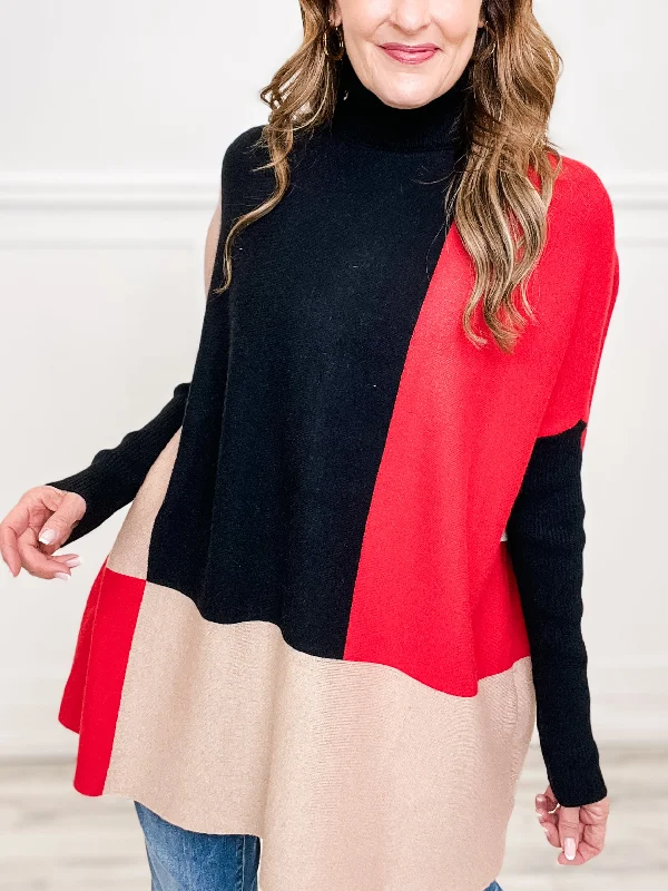 Color Block Turtle Neck Tunic Length Sweater