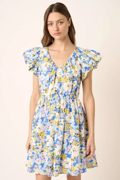 Floral V-Neck Cap Sleeve Mini Dress