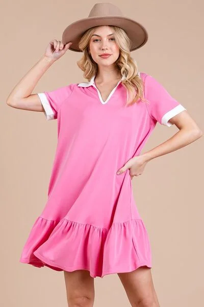 Ruffled Hem Johnny Collar Short Sleeve Dress