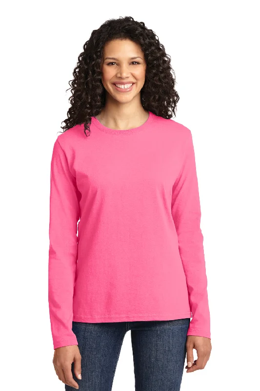 Port & Company Womens Core Long Sleeve Crewneck T-Shirt - Neon Pink - Closeout