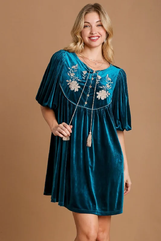 Embroidered Half Sleeve Velvet Mini Dress with Tassel