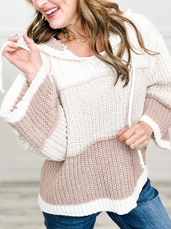 Hooded Color Block V-Neck Pullover Chenille Sweater