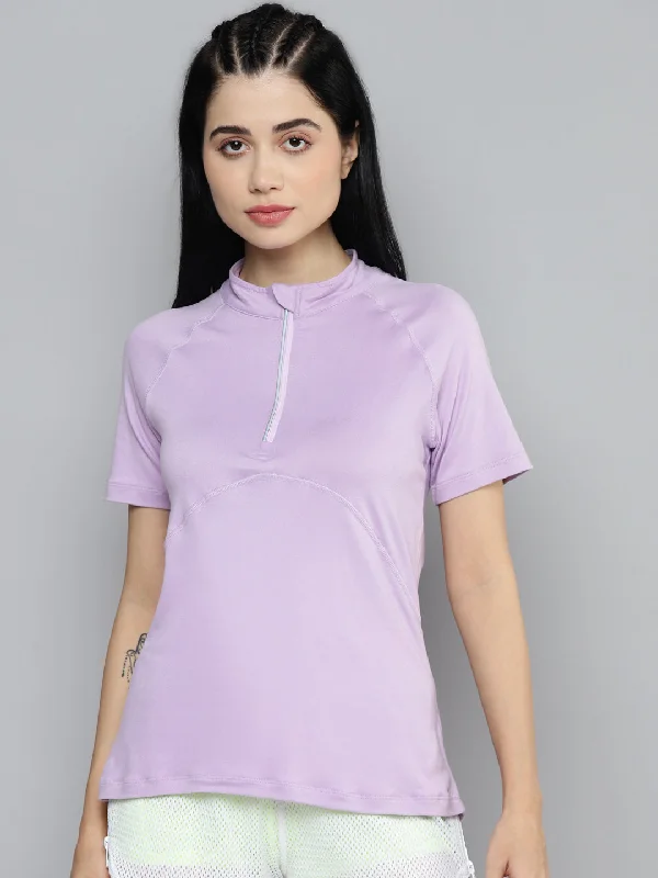 Fitkin Women Lavender Solid Front Zipper High Neck T-shirt