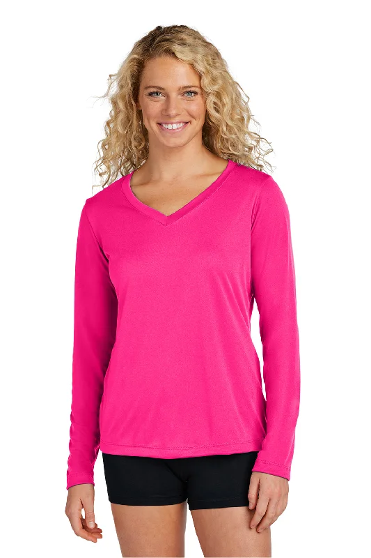 Sport-Tek Womens Competitor Moisture Wicking Long Sleeve V-Neck T-Shirt - Raspberry Pink - Closeout