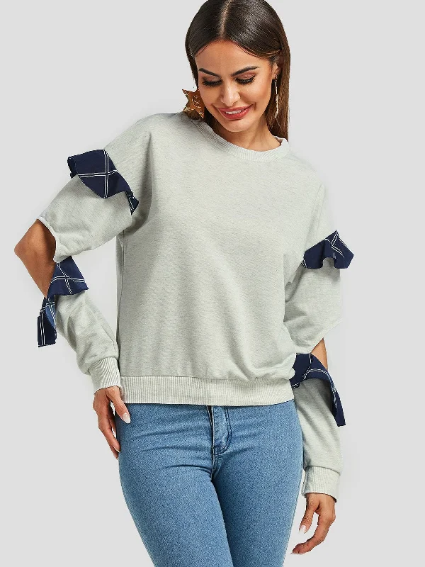 Custom Round Neck Cut Out Long Sleeve Grey Top