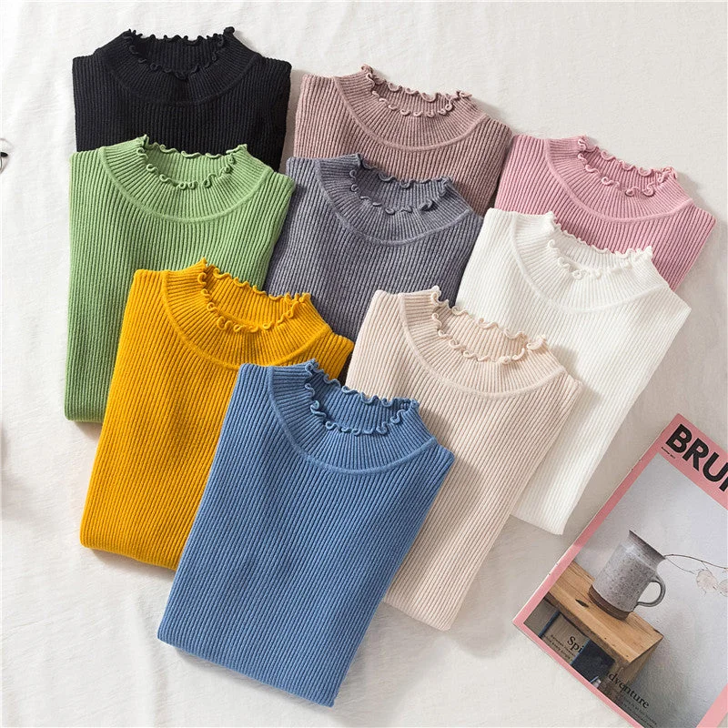 Basic Frilly Mock Neck Sweater (9 Colors)