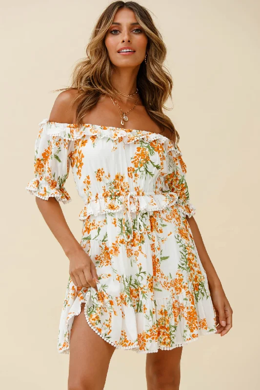 Sierra Bonita Off-Shoulder Drawstring Waist Dress Floral Print Orange Multi