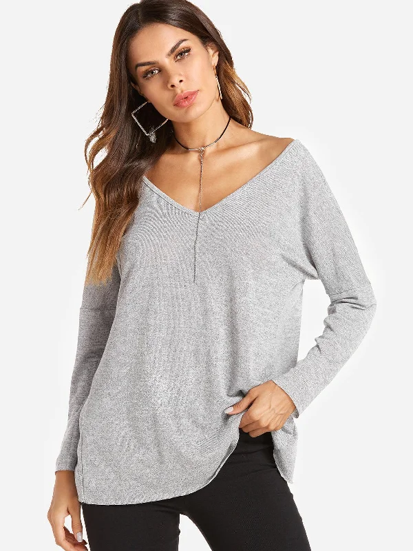 Custom Round Neck Plain Backless Cut Out Long Sleeve Irregular Hem Grey Top