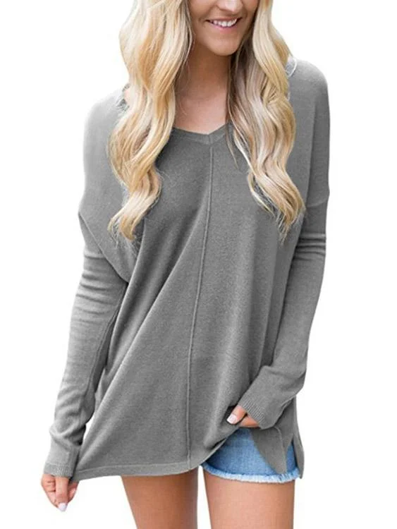 Custom V-Neck Long Sleeve Slit Hem Grey T-Shirts