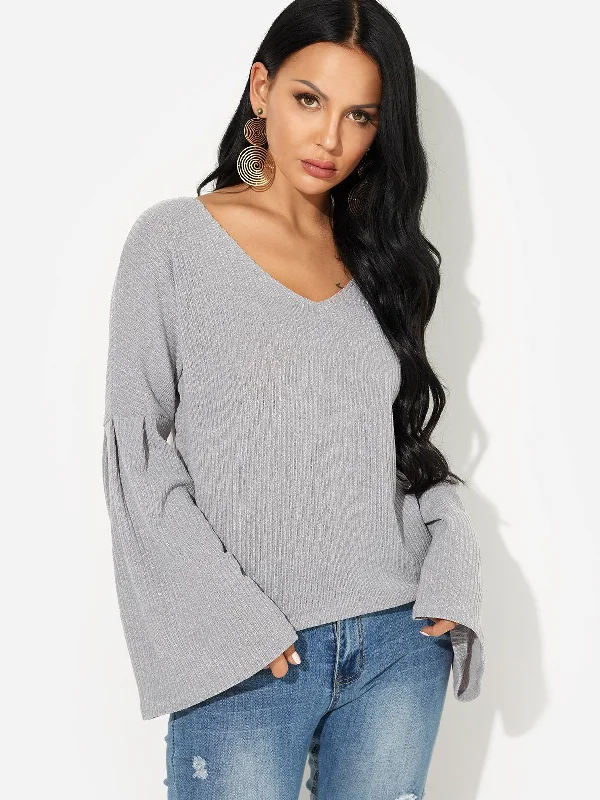 OEM ODM V-Neck Plain Long Sleeve Grey T-Shirts