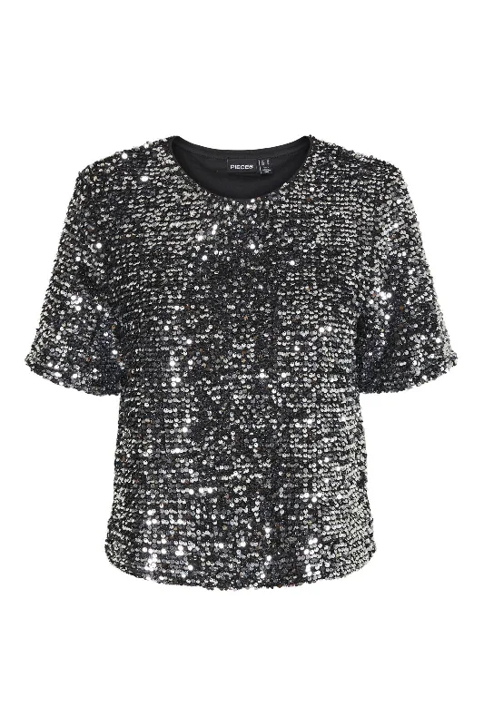 Pieces - Pcserena Sequin Ss O-Neck Top Mm - 4537227 Black Silver Sequince