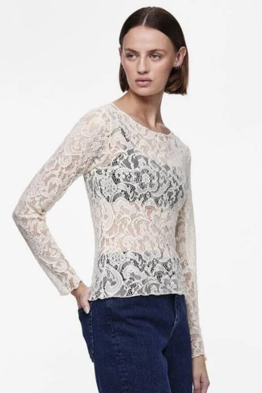 Pieces - Pcnora Ls O-Neck Lace Top - 4588831 Cloud Dancer