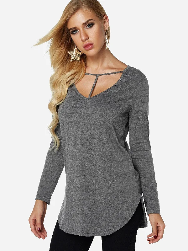 Custom V-Neck Plain Long Sleeve Curved Hem Grey Top