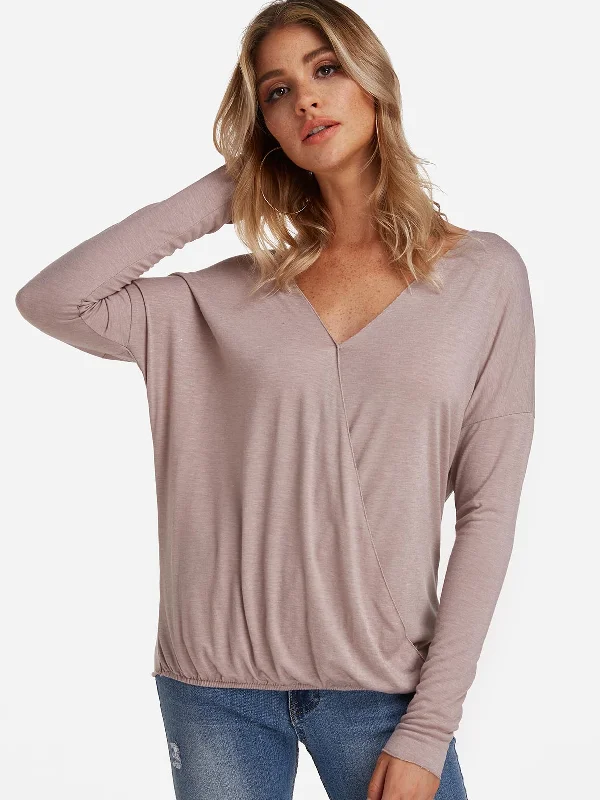 Custom V-Neck Plain Pleated Long Sleeve Irregular Hem Khaki T-Shirts