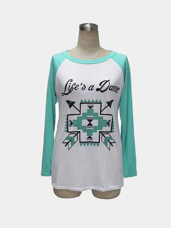 Custom Round Collar Raglan Sleeve Top with Letter and Arrow Print