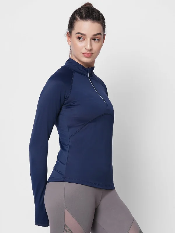 Fitkin women blue front zipper high neck training Tshirt