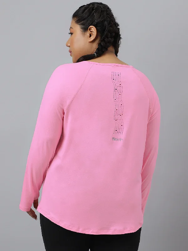 Fitkin Plus Size Anti-Odor Super Soft Pink Laser Detail Long Sleeve Tshirt