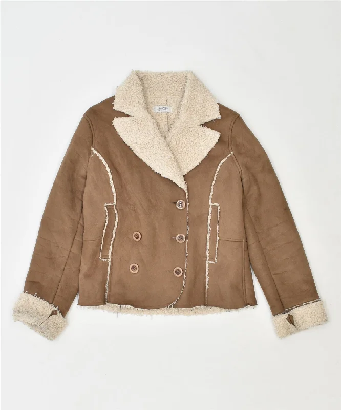 PIMKIE Womens Double Breasted Shearling Jacket UK 12 Medium Brown